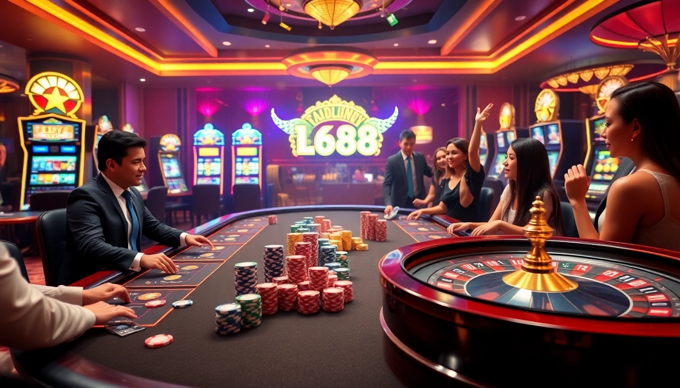 Action-packed gaming experience at nhà cái ee 88 featuring vibrant casino tables and thrilling players.