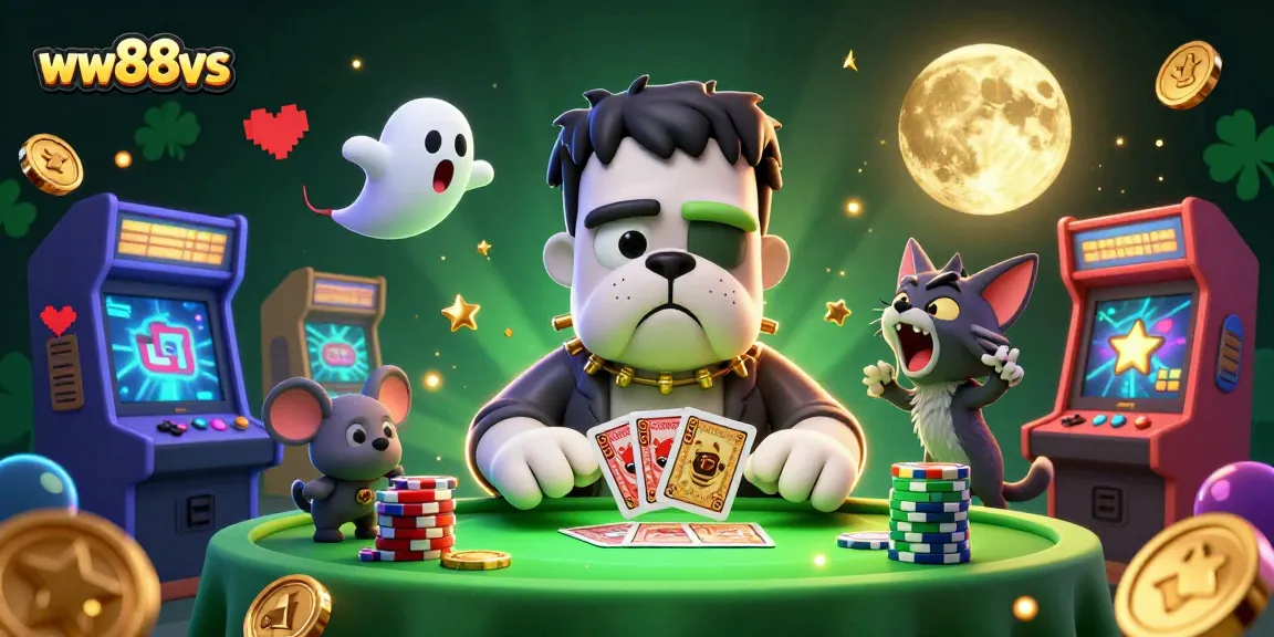 Engage with thrilling games at ww88vs, featuring the iconic Frankenstein bulldog monster dealing cards.