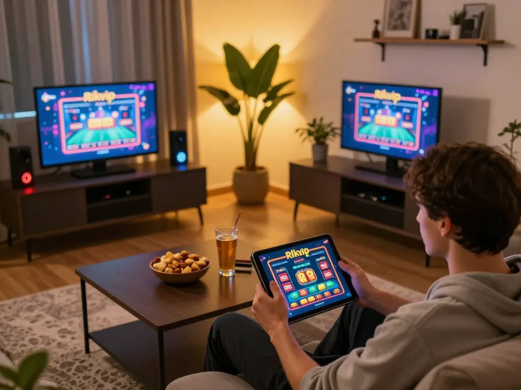 Player engaging with Rikvip online casino game in cozy home setup, showcasing tablet gameplay with vibrant visuals