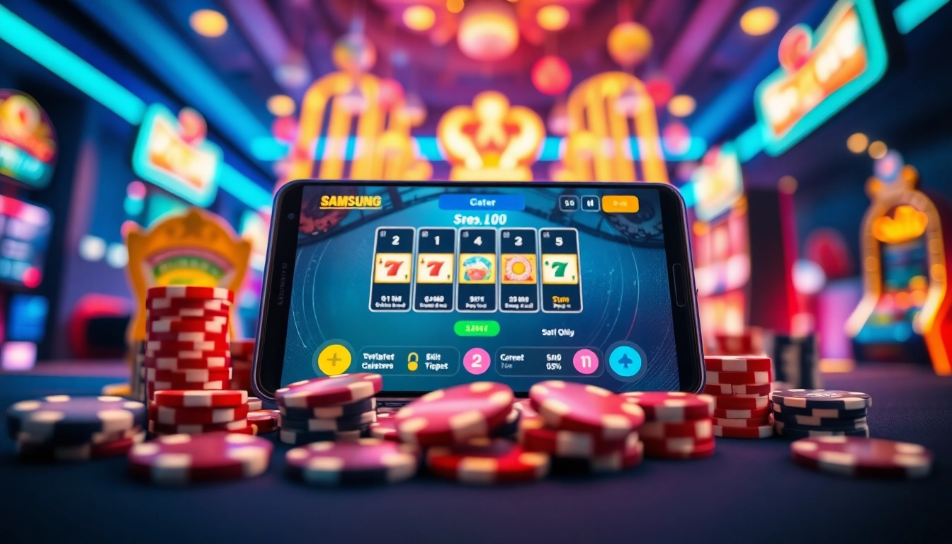 S8 online gaming experience featuring a Samsung smartphone and vibrant casino elements.