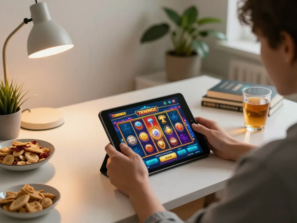 Player engaging with the 78wingo casino app on a tablet, showcasing a dynamic online gambling atmosphere.
