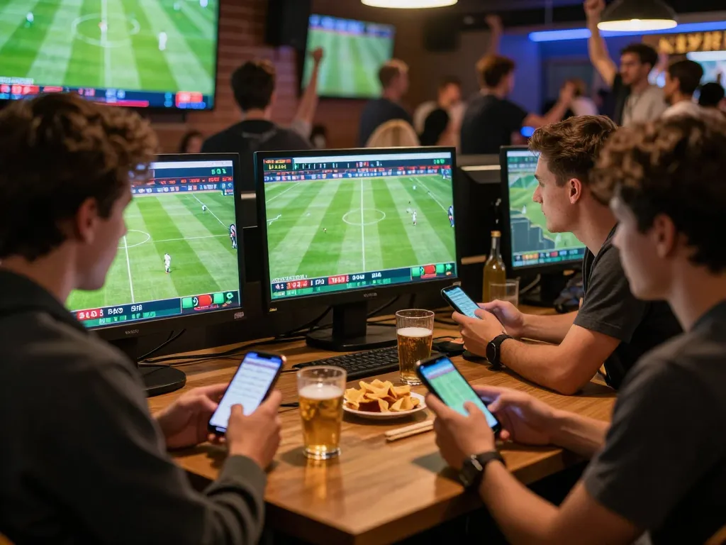 Engaging in tỷ lệ kèo nhà cái during a live football match with friends, showcasing dynamic betting.