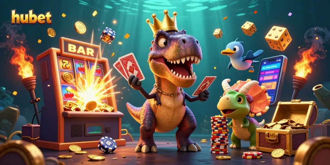 Experience the excitement of hubet with a cartoon T-Rex shuffling cards and engaging casino elements