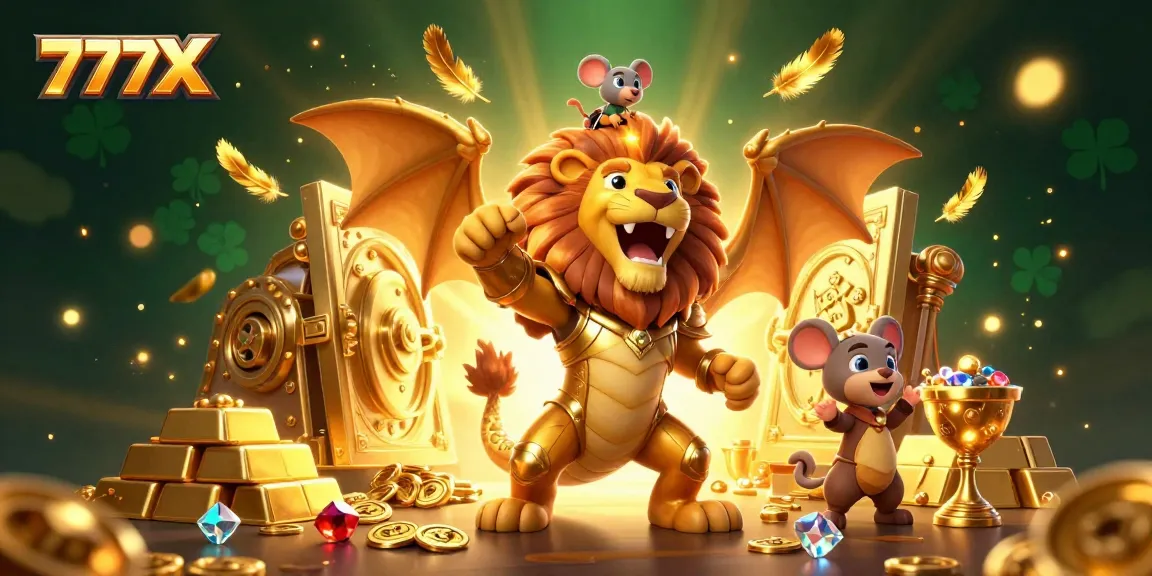 Engage with spectacular treasures in 777X, featuring a roaring chimera and dazzling jewels.