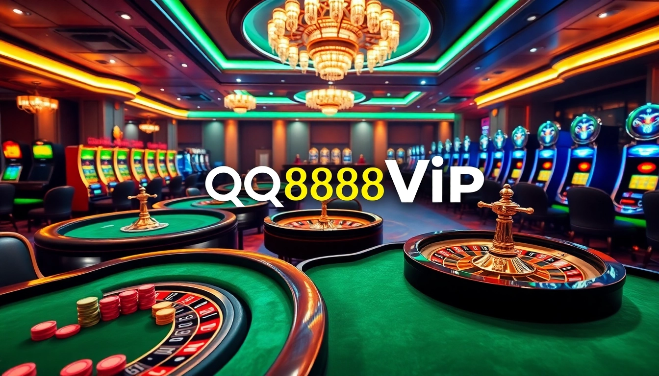 Experience the excitement of QQ88pro Vip with elegant casino tables and vibrant online gaming elements.