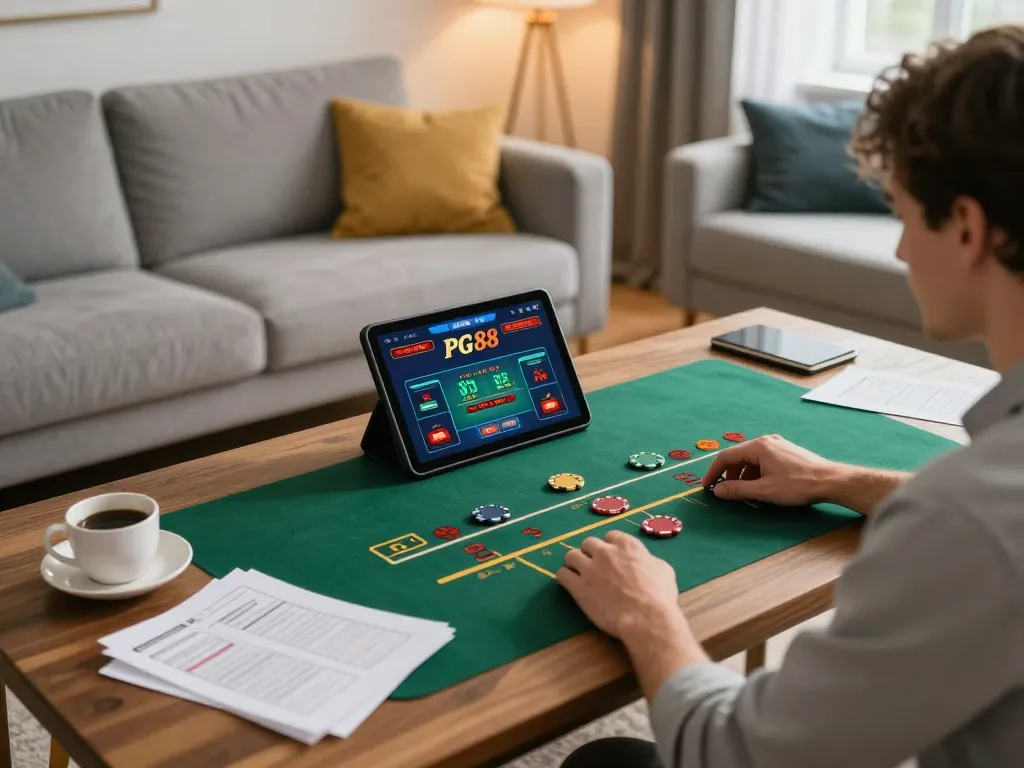Enjoying an online pg88 live casino game on a tablet in a cozy home setting