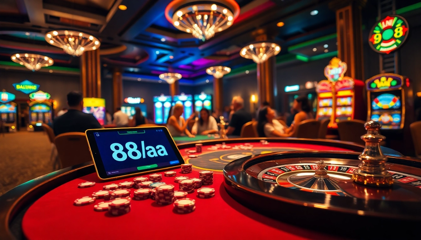 Thrilling casino gameplay with 88aa poker chips and roulette wheel in a vibrant setting.