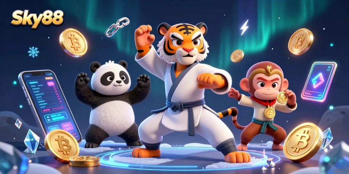 Experience exciting wins at Sky88 with a 3D cartoon casino scene featuring characters and crypto elements.