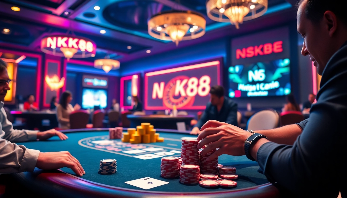 Intense players strategizing at an NK88 poker table in a vibrant casino atmosphere.