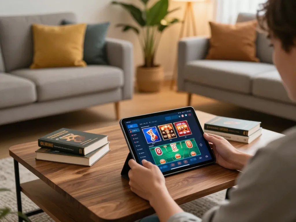 Engaging with 789win mobile casino app while relaxing on the sofa, showcasing a cozy home gaming atmosphere.