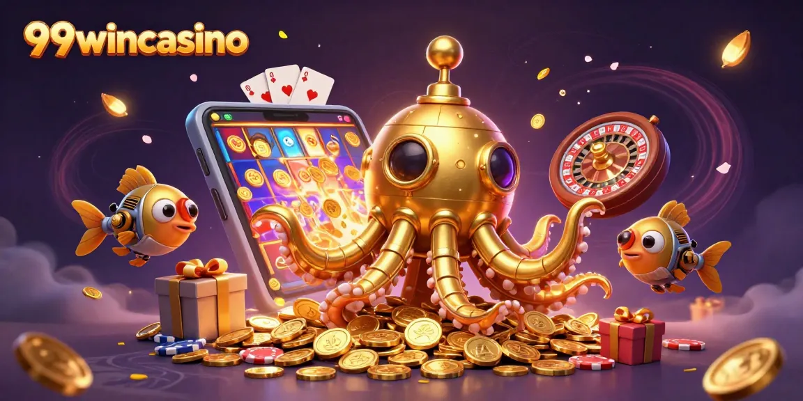 Experience the excitement of 99wincasino with a vibrant 3D scene featuring a golden kraken submarine and dynamic casino elements.