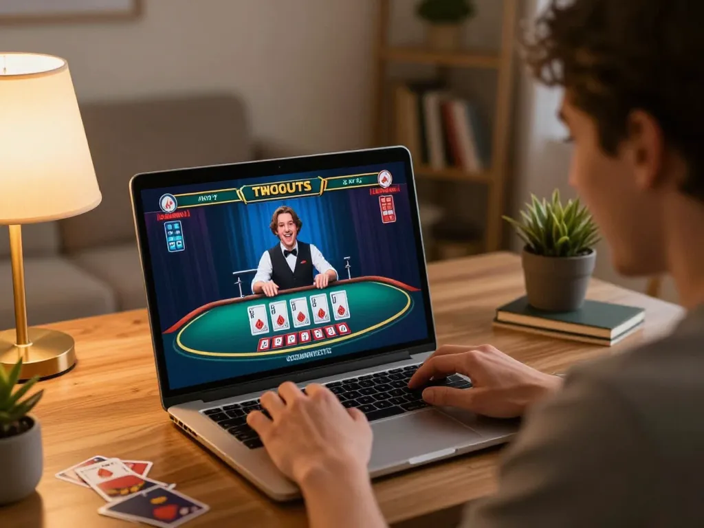 Engaging scene with player immersed in live blackjack game on laptop at home, featuring sc8885
