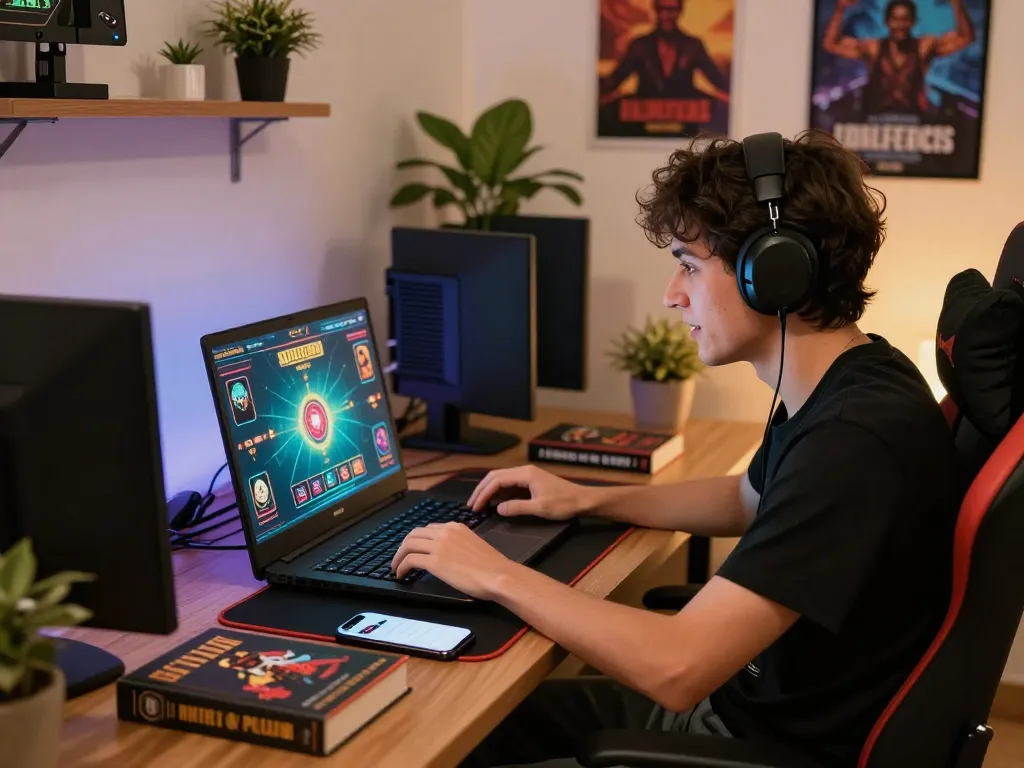 Player enjoying online gambling on vipwin777, focused on laptop with gaming strategies and smartphone in view