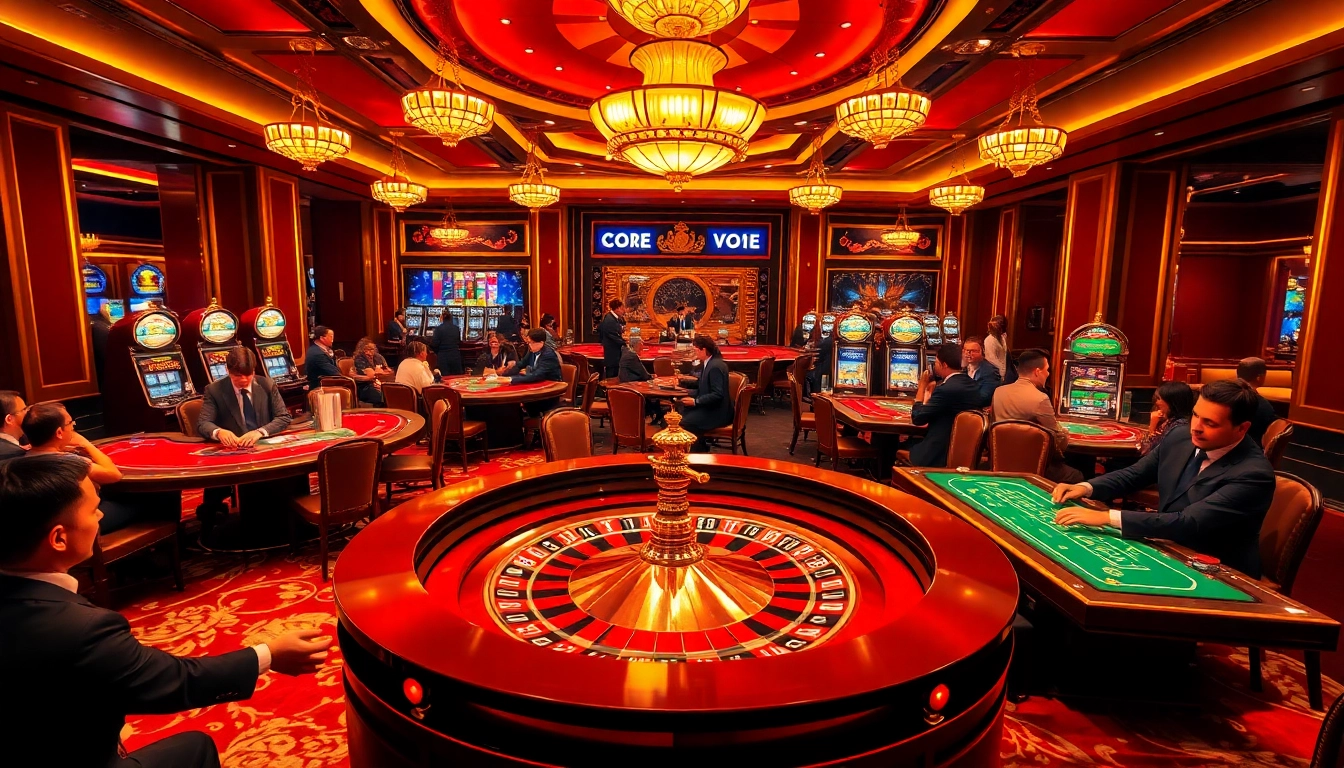 Experience thrilling gameplay at https://hm88.blue/ with vibrant casino tables, poker chips, and a luxurious roulette wheel.