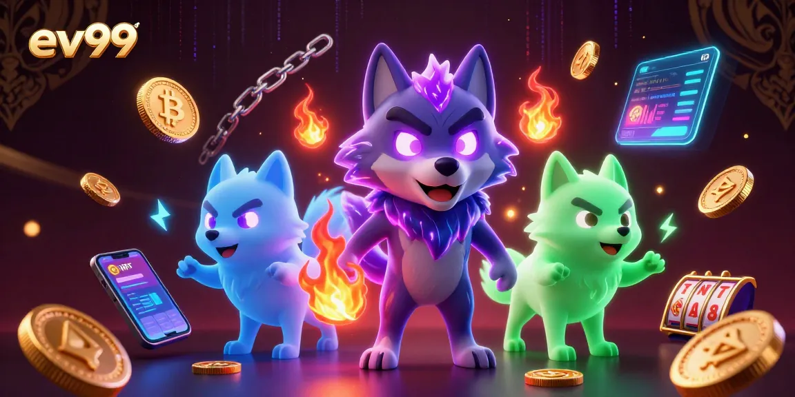 ev99 illuminates the thrilling casino adventure with glowing wolves and slot reels in a vibrant scene.