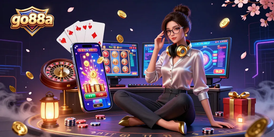 Experience exciting gaming action at go88a's high-tech casino with vibrant slot games and shimmering coins.