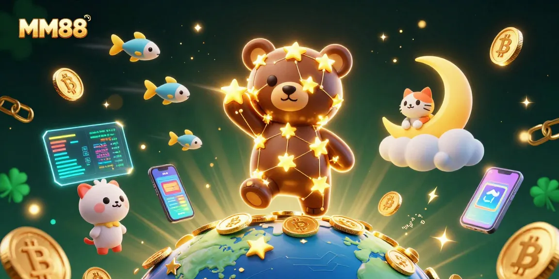 Experience the thrill of MM88 as a golden constellation bear scoops up coins amidst vivid crypto elements.