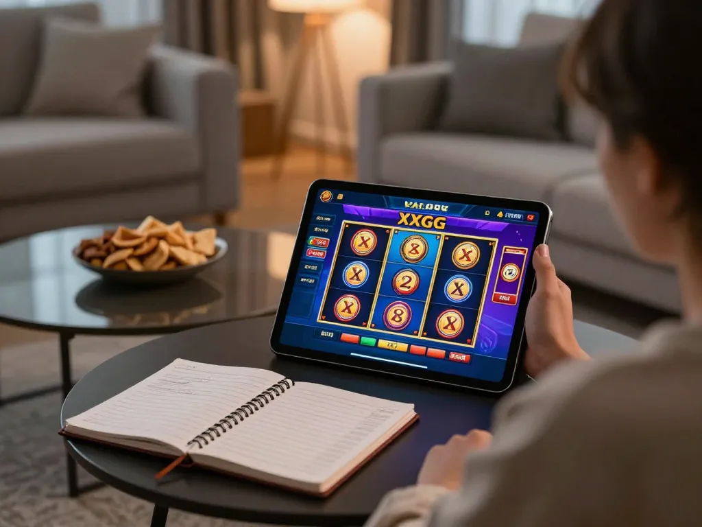 Engaging online gaming experience at XXGG with player focused on tablet in cozy living room.