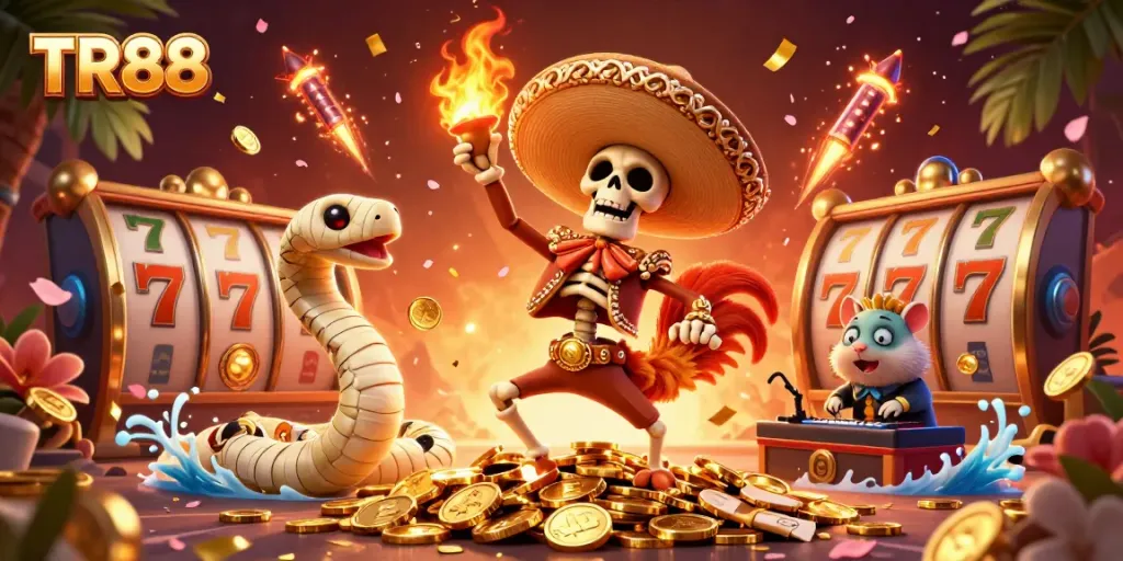 Experience thrilling wins at TR88 with vibrant slot gaming excitement and festive characters.
