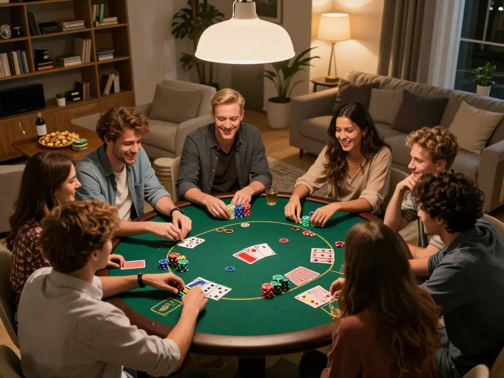 Friends enjoying a poker night with kèo nhà cái prominently featured, capturing vibrant gameplay and social interaction.