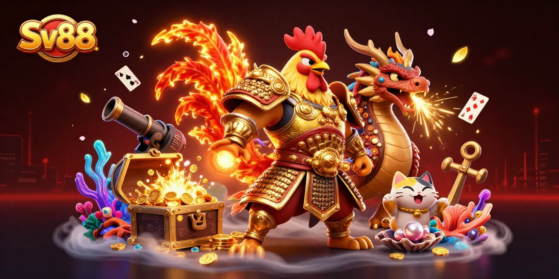 Engage with thrilling SV88 action as the warrior rooster and dragon hatchling celebrate big wins in this vibrant casino scene.