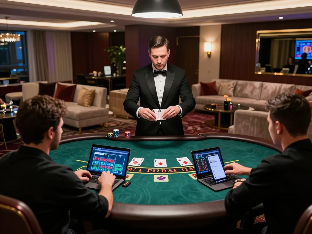 Players enjoying live blackjack at BL555 in an elegant online casino setting.