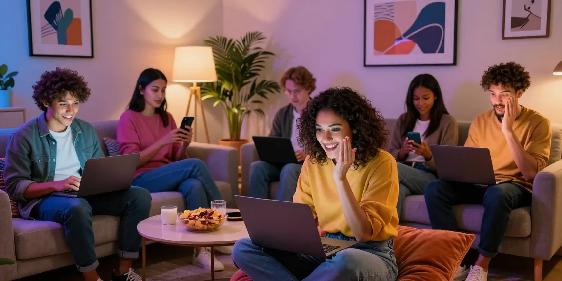 Adults participating in free AI sex chat in a cozy modern living space.