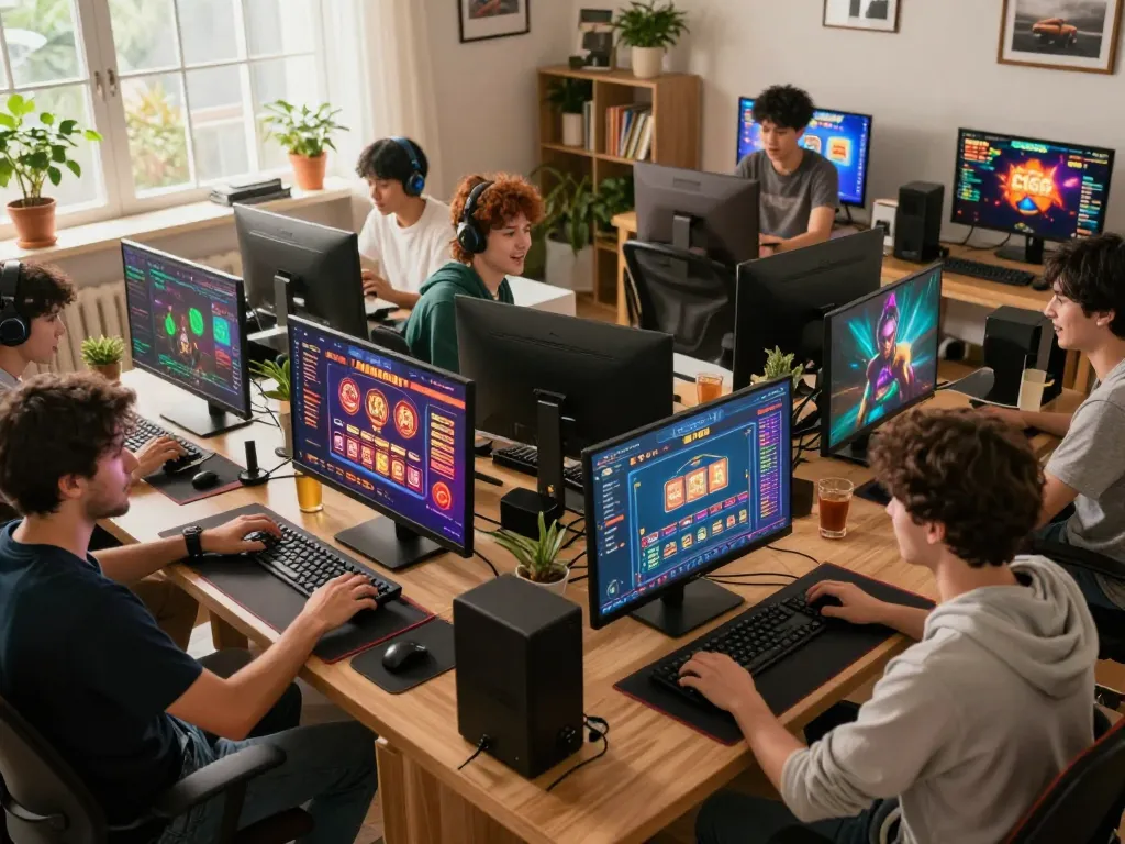 C168 players engaging with vibrant online casino games in a cozy home environment.