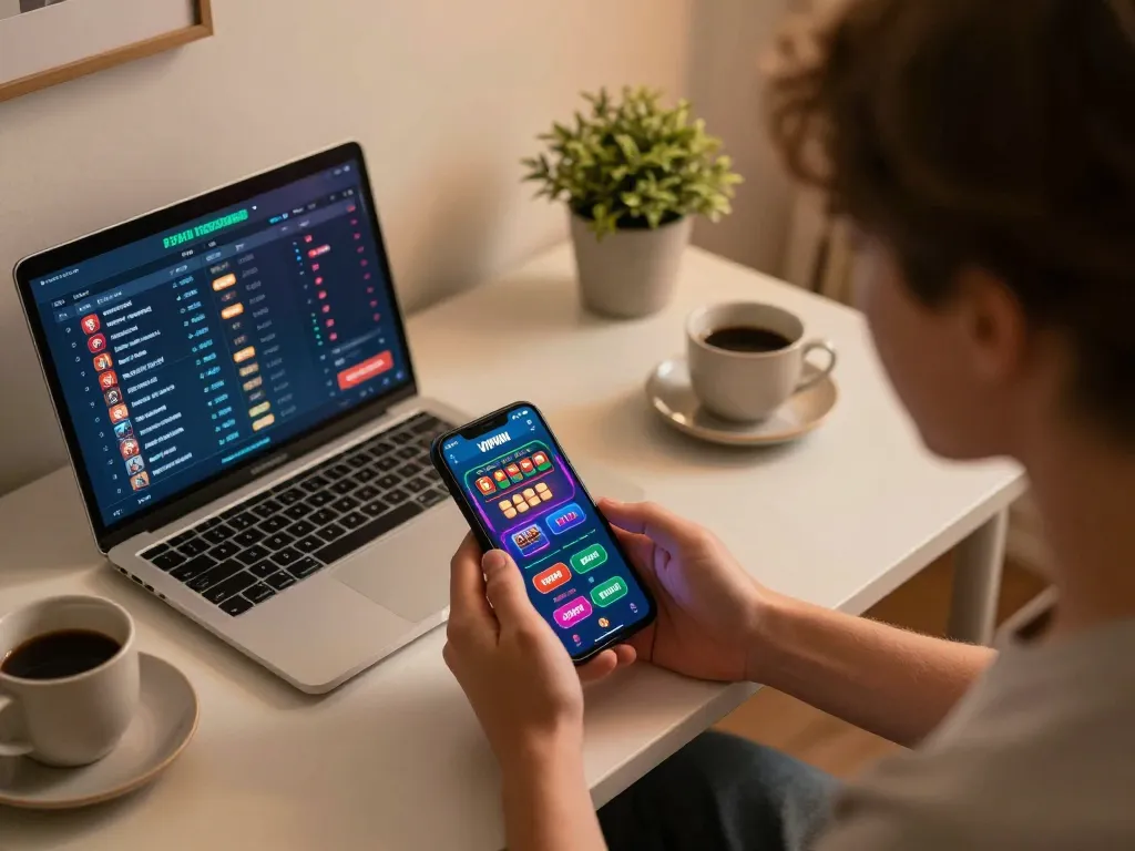 Player enjoying VIPWIN mobile casino app on smartphone, engaged in strategic gambling session at home.