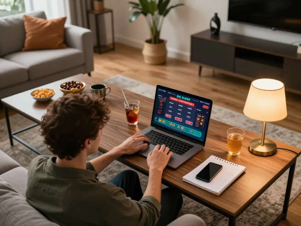 Engaging in online casino gaming at home with FLY 88 strategy notes and a cozy atmosphere.