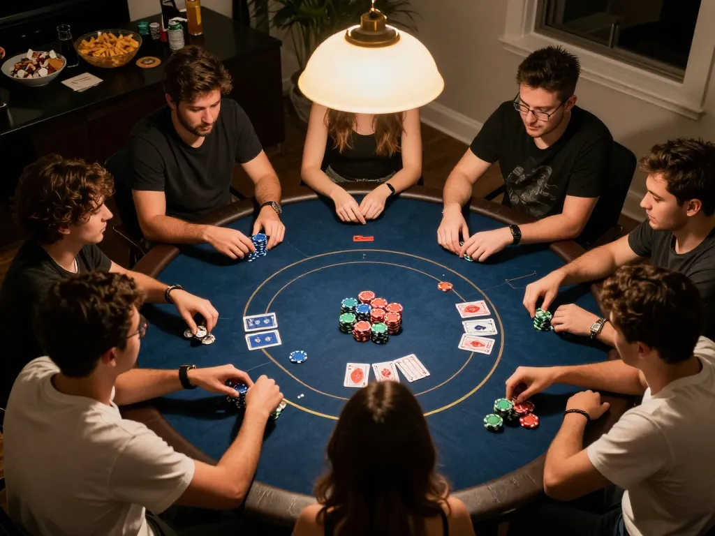 Home poker night excitement with friends as they enjoy gameplay, nhacaiuytinn strategy displayed on cards.