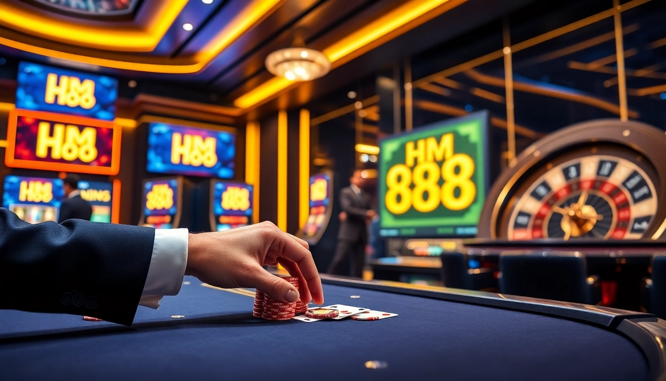 HM 88 branded professional gambler placing chips on blackjack table in luxurious casino setting