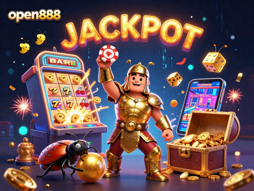 Experience thrilling wins at open888 with a dynamic jackpot celebration illustration featuring casino games and excitement.