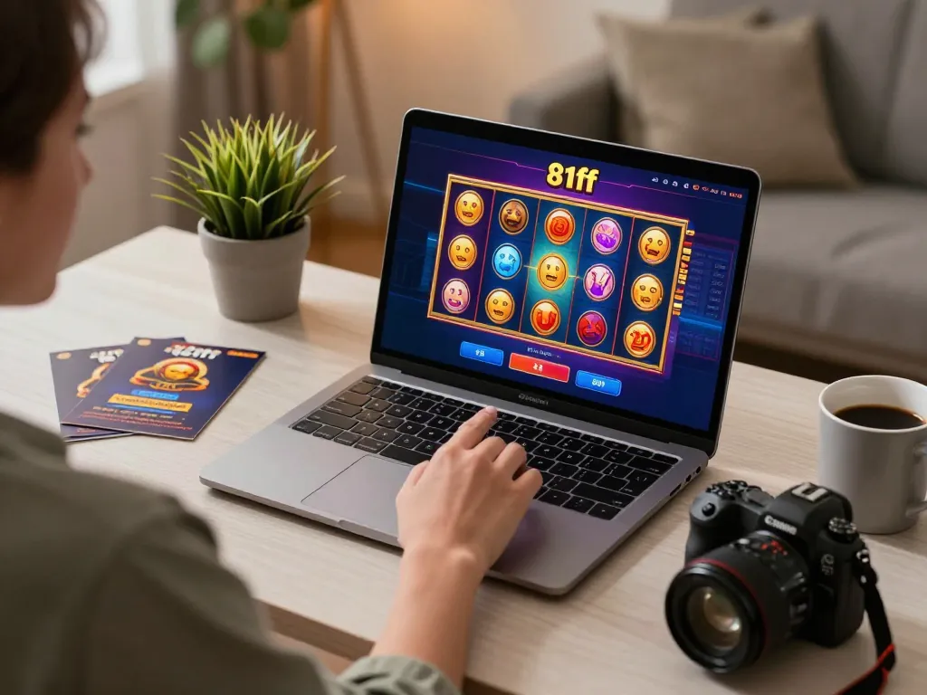 Engaging in gameplay at 81ff online casino with vibrant slot games displayed on laptop.