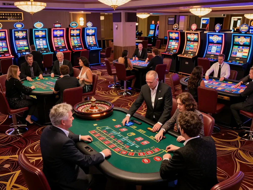 Players enjoying SHBET games at an upscale casino, highlighting excitement and strategy during gameplay.