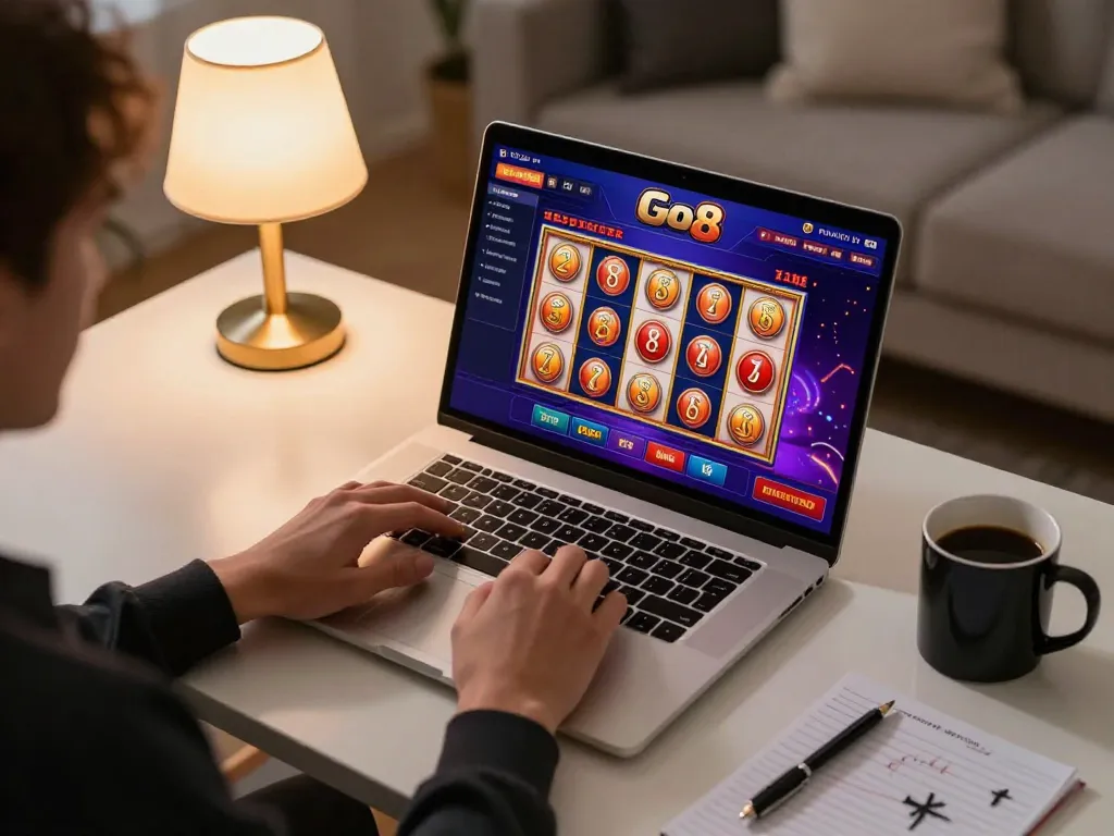 Engaging in online gaming on Go8 with vibrant visuals on laptop screen during cozy home atmosphere