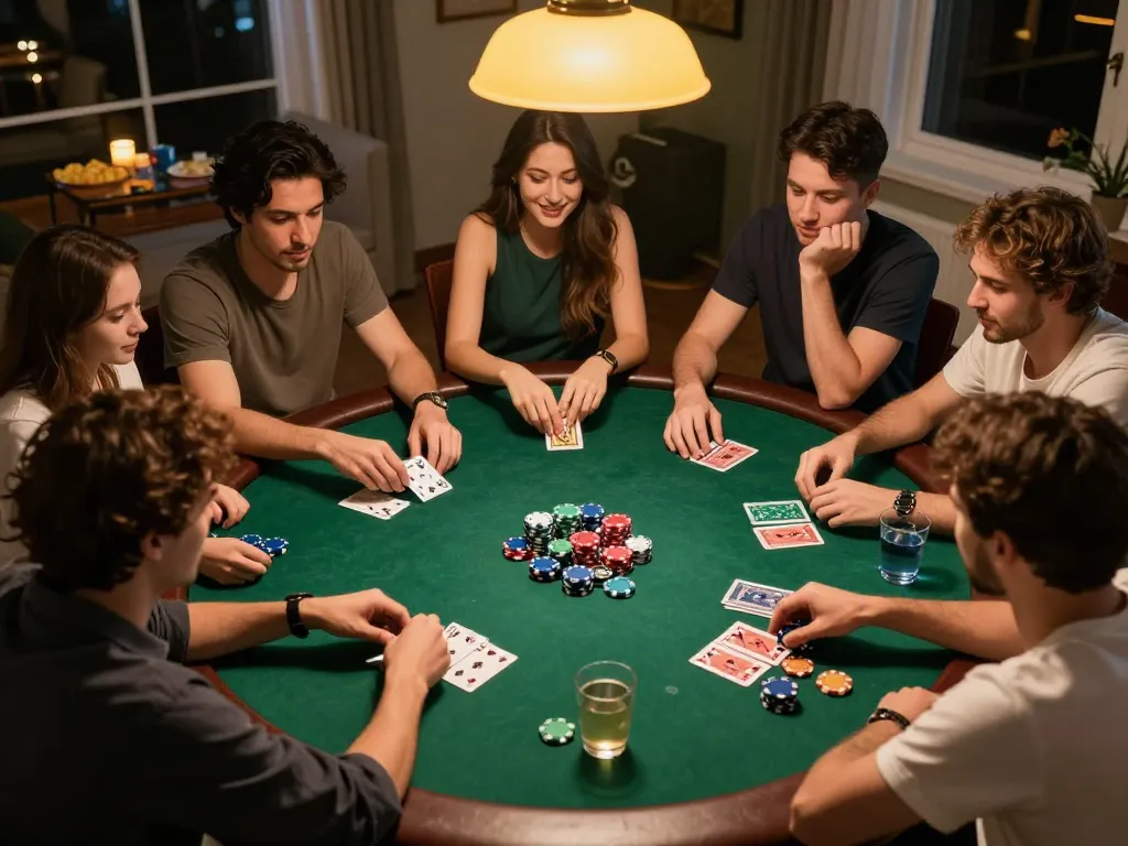 Friends enjoying a competitive poker night at home, engaging deeply in the game while playing LV88.