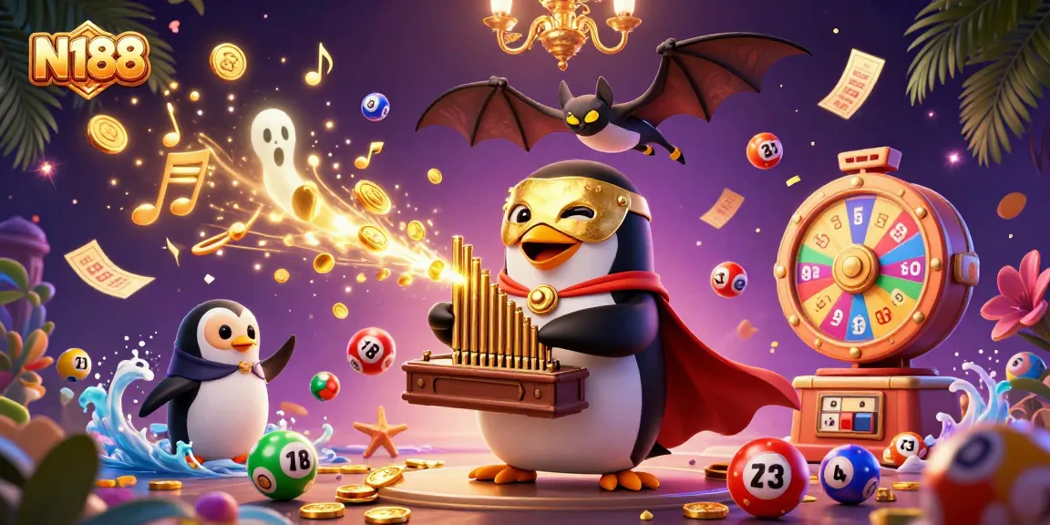 N188 penguin plays an organ shooting gold coins amidst colorful lottery balls, creating a lively casino scene.