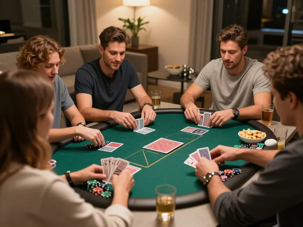 Friends engaging in an exciting poker game at home, showcasing KK55's social gaming atmosphere.