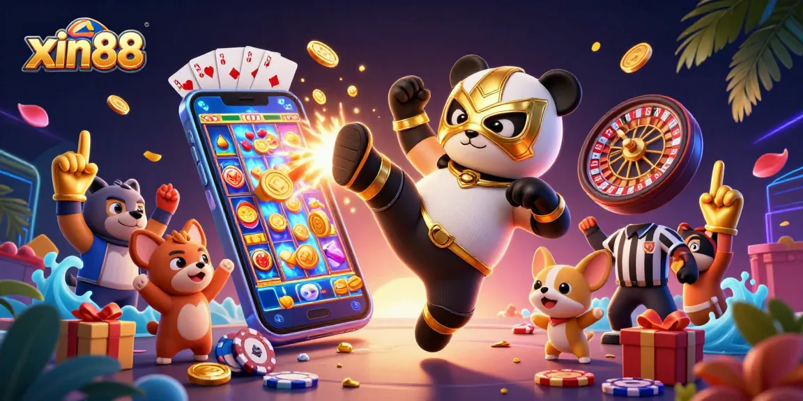Exciting xin88 casino scene with a panda wrestler executing a kick, bright slot games, and cheering animal fans.