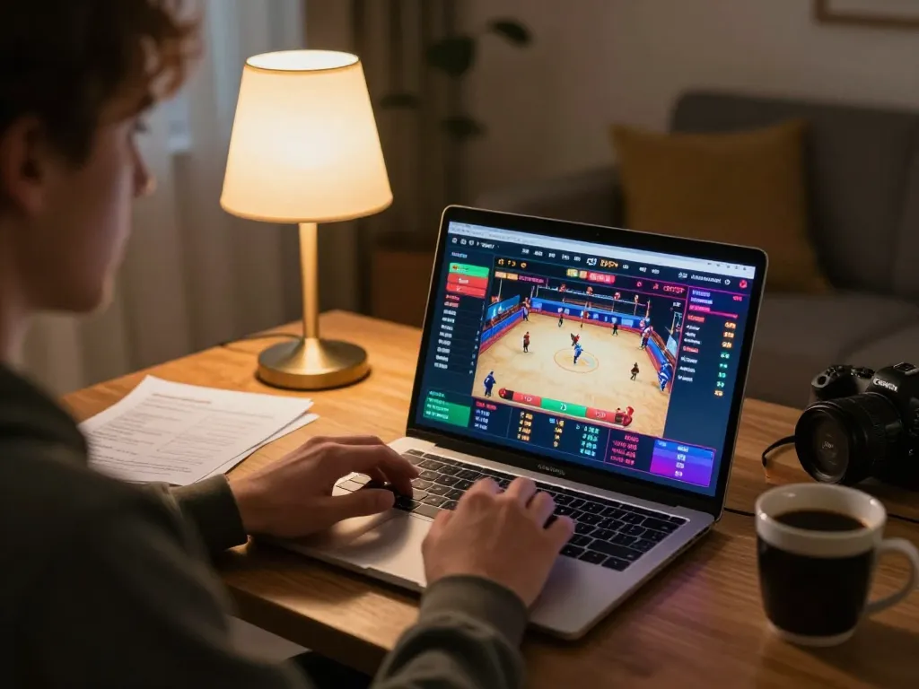 Engaging in live betting on Nhà cái Wala88 with a laptop displaying odds and live matches in a cozy home setting.