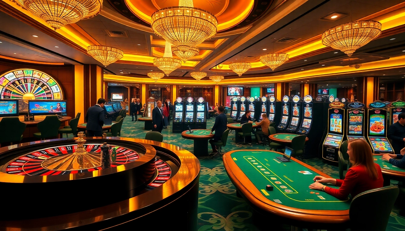 Exciting RR88 online casino atmosphere featuring roulette wheels and vibrant slot machines.
