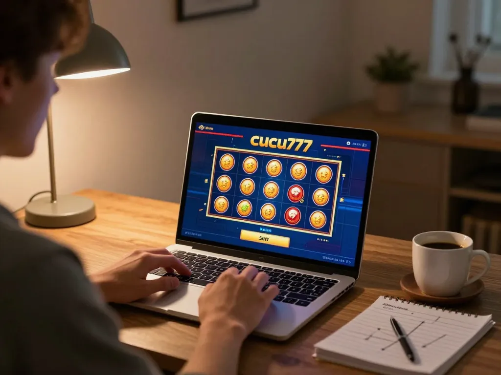 Engaging in cucu777 online gaming with a vibrant slot interface in a cozy setup