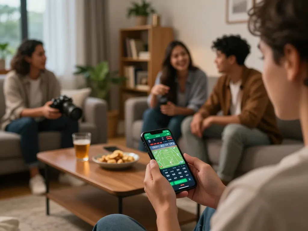 CakhiaTV user enjoying live sports betting on a mobile app in a cozy setting.