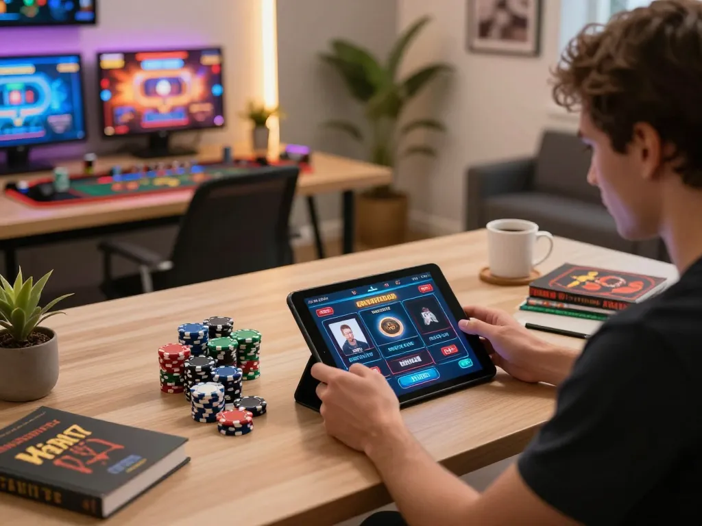 Engaging with nhà cái mb66 through an online gaming tablet in a warm, inviting home gaming setup.