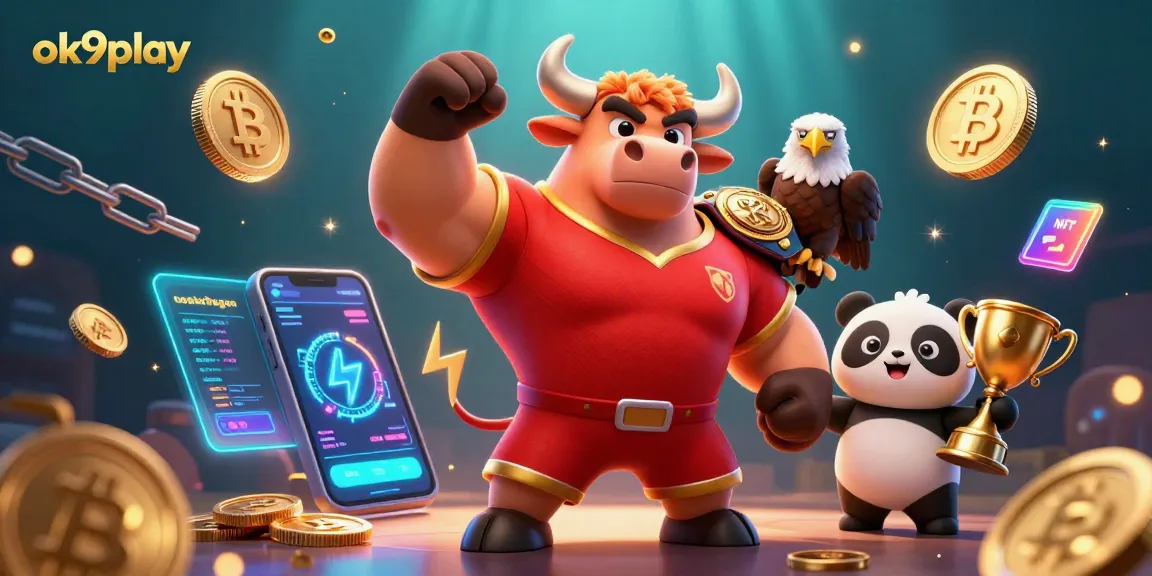 Experience excitement with ok9play's winning atmosphere, featuring cartoon characters and crypto elements.