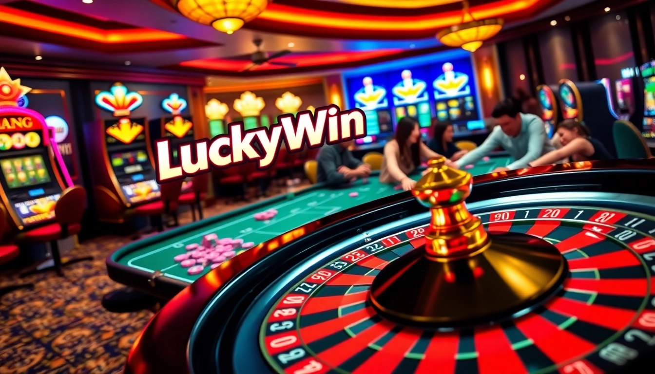Experience the excitement of gambling at LuckyWin with a captivating casino scene featuring roulette and poker tables.