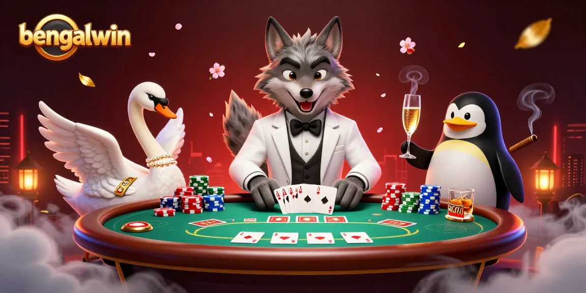 Bengalwin showcases a lively casino scene featuring a cartoon wolf, swan, and penguin at a baccarat table.