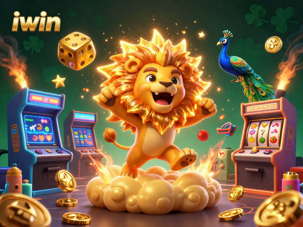 Engage with iwin's thrilling casino experience through a vibrant 3D illustration featuring a roaring lion and dynamic gaming elements.