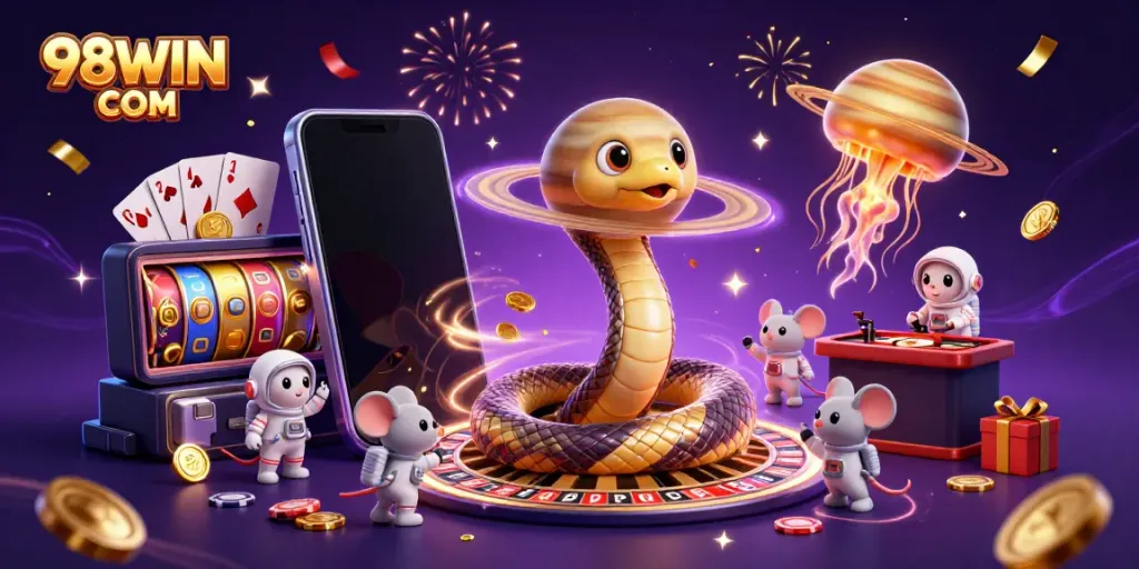 Experience exhilarating betting with 98WIN COM in a vibrant interstellar casino scene featuring a cosmic dealer.